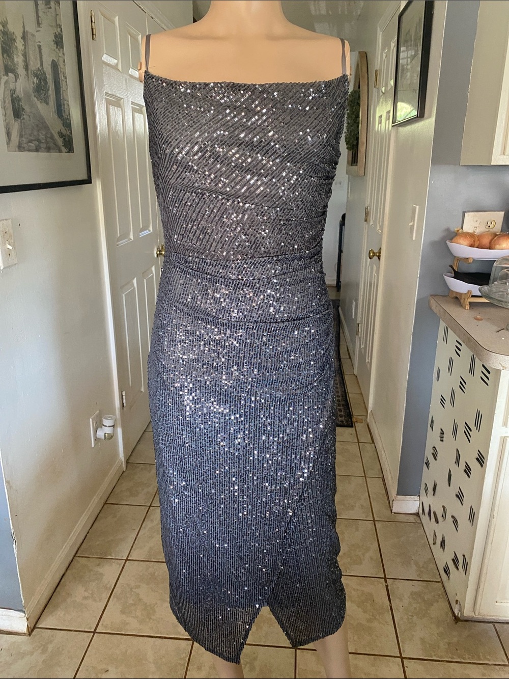 Laundry By Shelli Segal Gunmetal Sequin Off-Shoulder Midi Dress